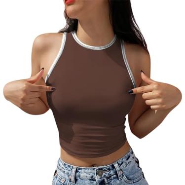 Imagem de PKDong Camiseta feminina frente única sexy sem mangas, gola única, para treino, regata de verão, cropped, Marrom, P