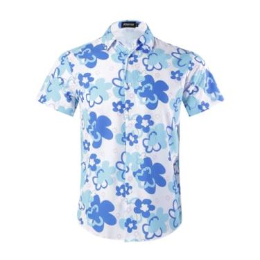 Imagem de Camisa masculina havaiana manga curta 4 vias stretch casual botão para baixo tropical floral verão praia camisa estampada, Flor azul-claro, XXG