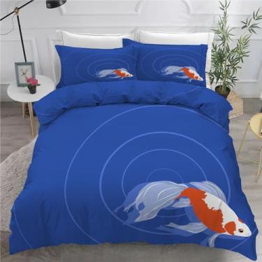 Imagem de Jogo de cama King Goldfish com capa de edredom azul, conjunto de 3 peças para decoração de quarto, capa de edredom de microfibra macia 264 x 232 cm e 2 fronhas, com fecho de zíper e laços