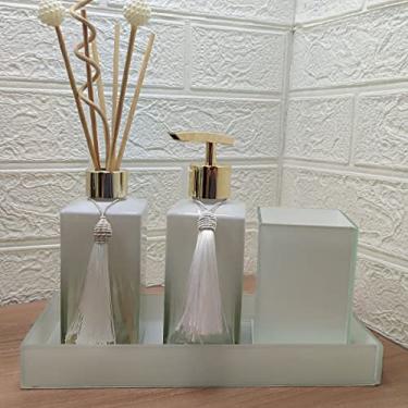 Imagem de Kit Lavabo Banheiro Dispenser Porta Sabonete Líquido Difusor Porta Escova Pincel Bandeja Decorativa Bancada-Organizadores e Decoração Para Banheiro-Branco e Dourado-Naneh Decor