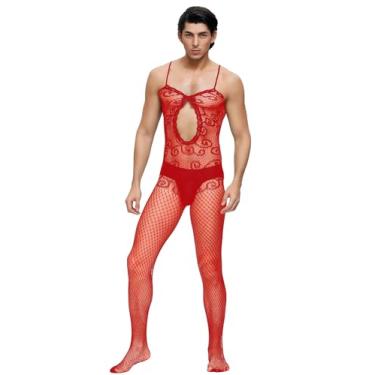 Imagem de comeondear Lingerie Sissy masculina de renda elástica malha transparente arrastão bodystocking uma peça roupa de dormir laço, Vermelho, 6-12