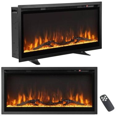 Imagem de Lareira Elétrica de Embutir A45x91L cm com Controle Remoto, Cor e Brilho da Chama Ajustáveis, 110V 1500W, Tangkula, Preta	 