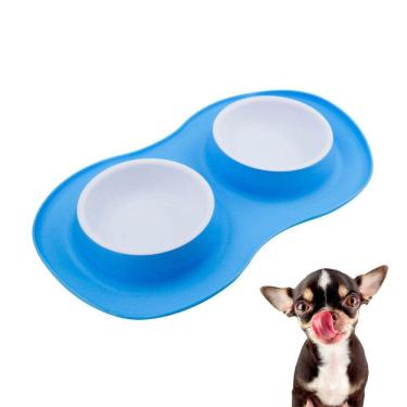 Imagem de Pote De Ração Água Tigela Duplo Cachorro Gato Silicone Azul