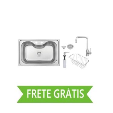 Imagem de Cuba de Sobrepor Morgana 69x49 cm em Aço Inox com Acabamento Acetinado com Misturador, Válvula, Dosador de Sabão e Cesto Tramontina 93806/162