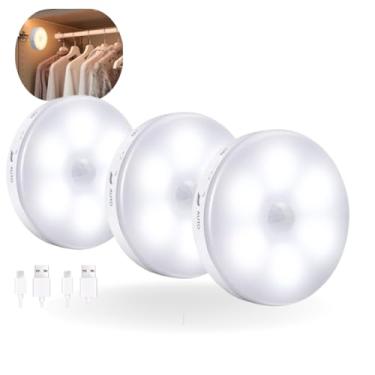 Imagem de Kit 3 Luminária de LED com Sensor de Presença Gruda na Parede Lâmpada sem fio Recarregável com cabo USB Incluso Luminária Inteligente para Armários Carregadores Closet Desliga Automático CLICK FACIL