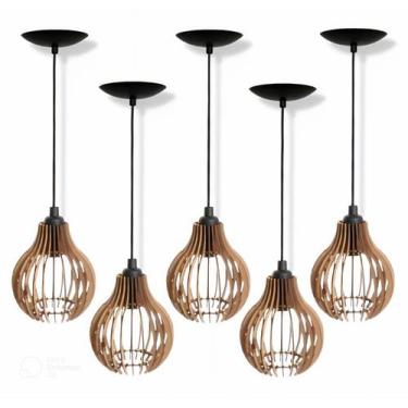 Imagem de Kit 5 Pendentes Luminarias De Teto Lustre Rustico De Madeira Cor Natur