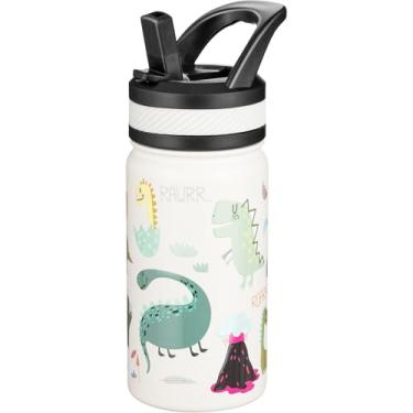 Imagem de Fanhaw Garrafa de água infantil isolada de 400 ml com canudo - copo de vácuo de parede dupla de aço inoxidável, à prova de vazamento, livre de BPA, adequado para meninos e meninas (branco - dinossauro