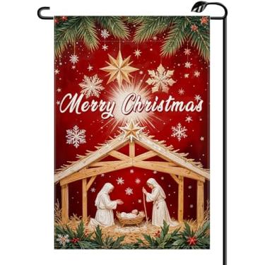 Imagem de Bandeira de jardim Natal nascimento de Jesus 30,5 x 45,7 cm vertical dupla face inverno feliz natal noite santa presépio pequenas bandeiras fazenda decoração externa para quintal SD40