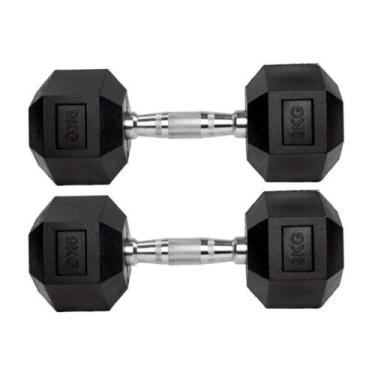 Imagem de Par Halteres 9kg + 9kg Dumbbell Sextavado Emborrachado Pegada Cromada 