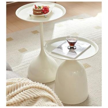 Imagem de HUDABAIDI Conjunto de mesa de centro lateral, mesa de canto redonda pequena para sala de estar, mesas de encaixe de metal, mesas de pedestal para sofá lateral e mesa de cabeceira (branca)