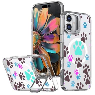 Imagem de Ecute Capa para iPhone 16 Plus com suporte, capa protetora fina magnética forte com suporte de anel de câmera para iPhone 16 Plus - pata de cachorro colorida