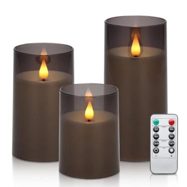 Imagem de Velas sem chama operadas por bateria cintilantes, conjunto de 3 velas (10 cm de altura, 11 cm de altura, 15 cm de altura, 7,6 cm de profundidade; velas de vidro de LED para ambientes externos, inclui pavio realista em movimento (cinza)
