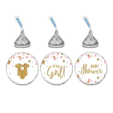 Imagem de Andaz Press Coleção Blush Pink Gold Glitter Girl Baby Shower Party Collection, Chocolate Drop Label Trio, pacote com 216, serve para lembrancinhas de festa Kisses