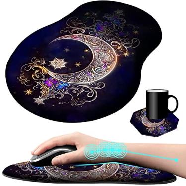 Imagem de Mouse pad com suporte de pulso gel lua estrela galáxia design padrão floral mousepad ergonômico para jogos com descanso de pulso para laptop, computador, casa, escritório, trabalho + uma linda