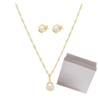 Imagem de Conjunto Colar e Brinco Dourado Pérola Folhado a Ouro 18k - Própria