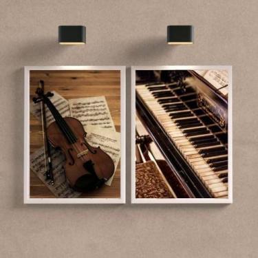 Imagem de Kit 2 Quadros Piano e Violino 45x34cm - Quadros On-line, Madeira Preta