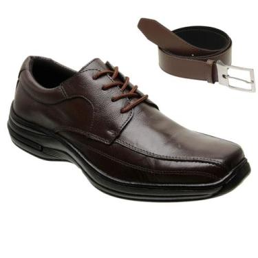 Imagem de Sapatos Social Couro Bico Quadrado De Amarrar + Cinto Masculino - Gmm 