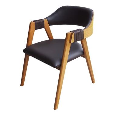 Imagem de Cadeira Laura em Madeira Maciça de Eucalipto Verniz Nogueira Sintético com Detalhes em Corda Marrom