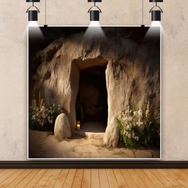 Imagem de DORCEV Pano de fundo vazio tumba 2,4 x 2,4 m Jesus Cristo crucifixo buraco de pedra fotografia fundo luz sagrada páscoa cenário pôr do sol Lord Pray Church Missionary Eventos Banner Decorações Estúdio