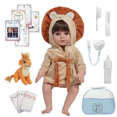 Imagem de Bebê Tipo Reborn 100% Vinil Roupão Leãozinho Bolsa Itens - Cegonha Reb