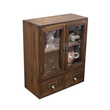 Imagem de RZGZKLSH Rosetta Mini armário vintage de bancada, expositor de madeira montado na parede com porta transparente, armazenamento de alimentos, 2 gavetas inferiores - armário de farmacêutico - armário de