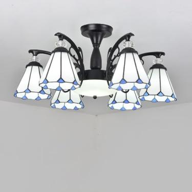 Imagem de DOPZNJWF Lustre estilo Tiffany de 6 luzes com lamshade de vitral branco, luminária pendente vintage de três cores, luminária de teto moderna para sala de estar