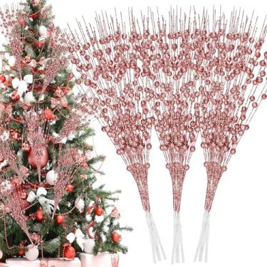Imagem de Palonu 32 hastes artificiais de ouro rosa com purpurina, 43 cm, palitos decorativos de ramo de baga de 43 cm, enfeites de árvore de Natal para decoração de casa