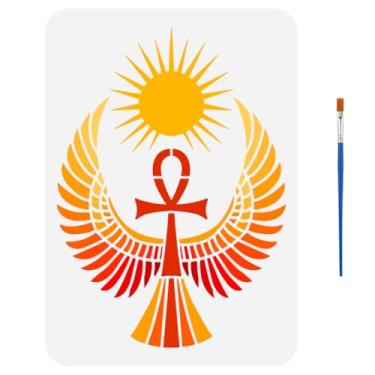 Imagem de FINGERINSPIRE Estêncil de estilo egípcio com pincel de tinta 29 x 20 cm Ankh Cross Wings Sun Stencils Egito criativo padrão de pássaro pintura estênceis modelo de temas egípcios para tecido de parede