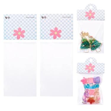 Imagem de Bestewelry Pacote de joias com 100 unidades, sacos de celofane OPP de 7,5 x 5 cm, sacos de exibição de joias com papel estampado de flores, cartões dobráveis para pequenas empresas, pulseira, colar,