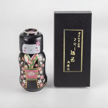 Imagem de Waraku Fuuka Conjunto de cerâmica soju de vinho de saquê tradicional japonês com 1 copo Ochoko e 1 garrafa Tokkuri para presentes (Komachi Kokeshi Sakura)