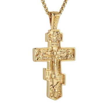 Imagem de HZMAN Colar com cruz ortodoxa oriental para homens e mulheres, retrô, religioso, crucifixo de Jesus, cruz bizantina, pingente cristão, joia presente, 3.3 cm x 5.2 cm, Aço inoxidável, Sem Pedra