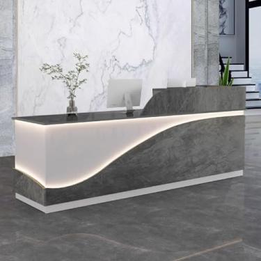 Imagem de Mesa de recepção moderna para escritório, balcão de recepção, recepção de recepção, mesa de balcão de escritório de madeira projetada com tiras de luz para salões de beleza, textura cinza + branco,