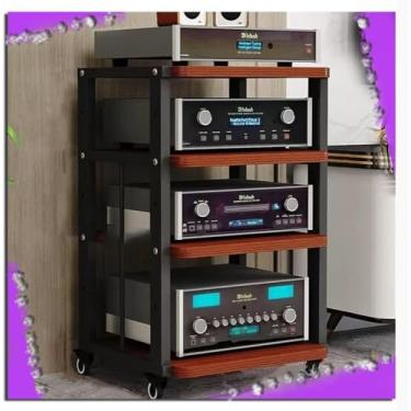 Imagem de Prateleira de armazenamento de áudio/vídeo, suporte de mídia com roda de freio, torre de áudio, prateleiras ajustáveis, armário de componentes de áudio de canto para componentes de entretenimento,