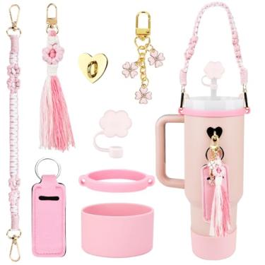 Imagem de 8 peças de acessórios para copo Stanley Cup 1,134 g 850 g copo com alça, acessórios incluindo alça de alça de garrafa de água, bota, pingentes de chaveiro, borla tecida à mão, tampa de cobertura de