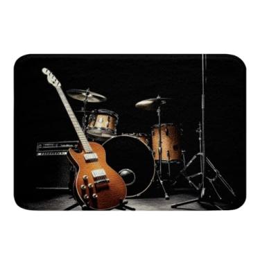Imagem de Tapetes de banheiro de guitarra Kit de bateria música rock temática microfibra forte absorção de água tapete de banheiro torre com antiderrapante traseira interior decoração tapete de entrada para banheiro tapete musical interior 50 x 76 cm