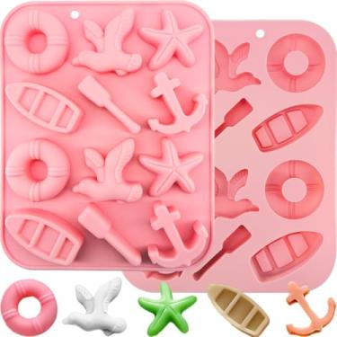 Imagem de 2 moldes de silicone com tema náutico para chocolate, molde de chocolate marinho, gaivotas, navios, forma de estrela-do-mar, molde de doces para assar festa de verão tropical, gelatina, bolo, cubo de