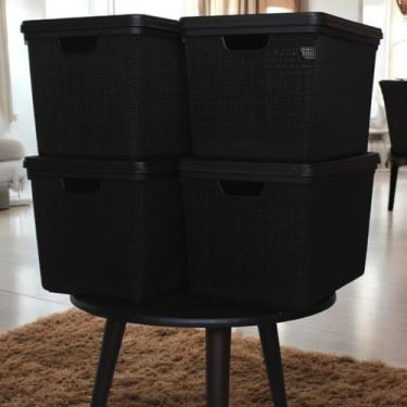 Imagem de Kit 4 Caixas Organizadoras Plásticas 22L com Tampa Empilháveis para Organização de Cozinha Banheiro Escritório (Preto)