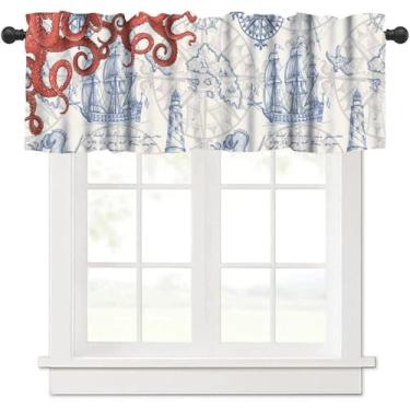 Imagem de SHElifestyle Cortina náutica para janela de polvo vermelho, âncoras oceânicas farol praia vintage mapa costeiro navio pirata tratamentos de janela sanefa para quarto sala de estar cozinha 137 x 45 cm