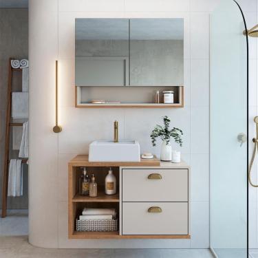 Imagem de Conjunto de Gabinete com Cuba Branca e Armário de Banheiro com Espelho Helena 2 pt 2 gv Mel e Arenas