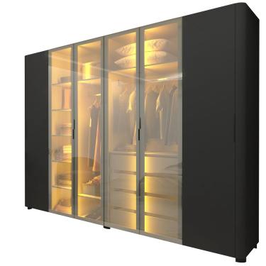 Imagem de Guarda Roupa de Casal Gelius Innova 100% mdf com 250 cm de Largura 6 portas com 4 portas de vidro reflecta 4 gavetas com pés e LED Preto Acetinado