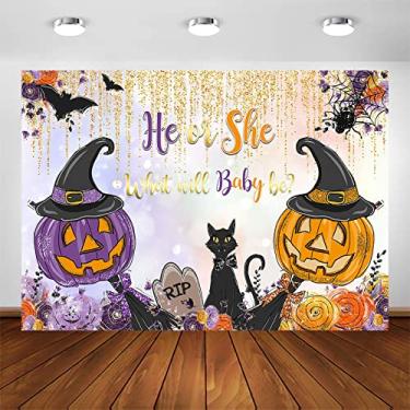 Imagem de Avezano Pano de fundo revelador de gênero de Halloween para ele ou ela abóbora com tema de Halloween para meninos ou meninas sessão de fotos (2,4 x 1,8 m)
