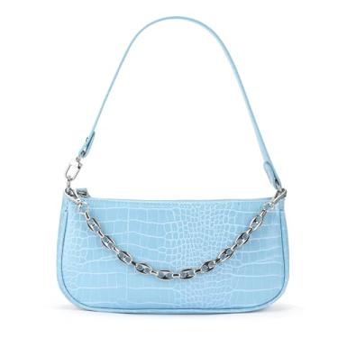 Imagem de YIUOR Bolsa de mão com alça de corrente retrô couro sintético crocodilo clássica bolsa de mão pequena bolsa de ombro para mulheres, Azul