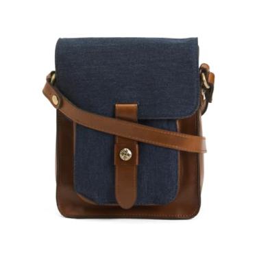 Imagem de Bolsa tiracolo Lari de couro jeans, conhaque/jeans escuro