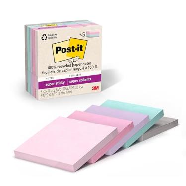 Imagem de Post-it Notas super adesivas 100% de papel reciclado, 2x o poder de colagem, 7,6 x 7,6 cm, 5 blocos, 70 folhas/bloco, coleção Wanderlust Pastels (654R-5SSNRP)