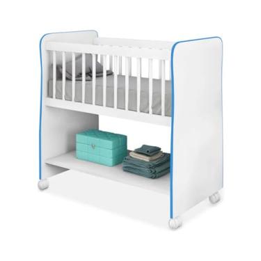 Imagem de Mini Berço Móvel Rubi com Colchão, Grade de Proteção, Suporte para Mosquiteiro, Prateleira, (Azul)