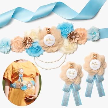 Imagem de Noah Baby Conjunto De Faixa Floral Com Ursinho Pelúcia Para Chá Bebê, Maternidade, Futura Mamãe, Futuro Papai, Cinto Barriga Flores Vestido Lembrança Fotos Gravidez Azul, Decorações Revelação Do Sex