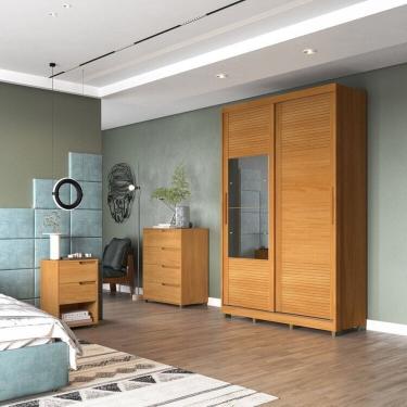 Imagem de Quarto Solteiro com Guarda-Roupa  2 Portas de Correr, Cômoda e 1 Mesa de Cabeceira Thales Marrom
