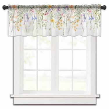 Imagem de Cortinas de flores silvestres amarelas para janelas de cozinha, flores de primavera, folhas verdes, tratamentos de janela de chiffon, bolso de haste, saia curta para sala de estar, banheiro, 137 x 45