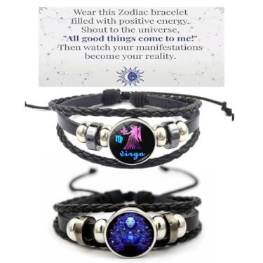 Imagem de HWJQ 2 peças de pulseiras de couro do zodíaco em camadas, pulseira de constelação para mulheres e homens, pulseira de espírito de signo do zodíaco trançado, dia das mães, aniversário, joia BFF, Middle