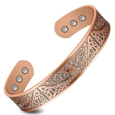 Imagem de Feraco Pulseiras masculinas de cobre para dor de artrite e túnel do carpo, pulseira de terapia magnética para homens e mulheres com ímãs ultra fortes, pulseira ajustável com padrão de árvore da vida (cobre)